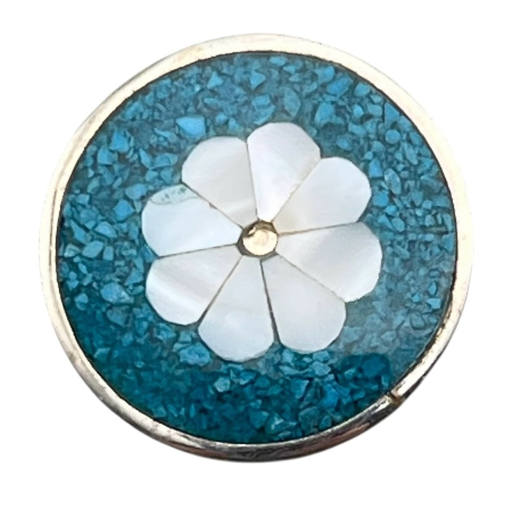 Alpaca Mexico Brooch/Pendant with Mother of Pearl & Crushed Turquoise Inlay
